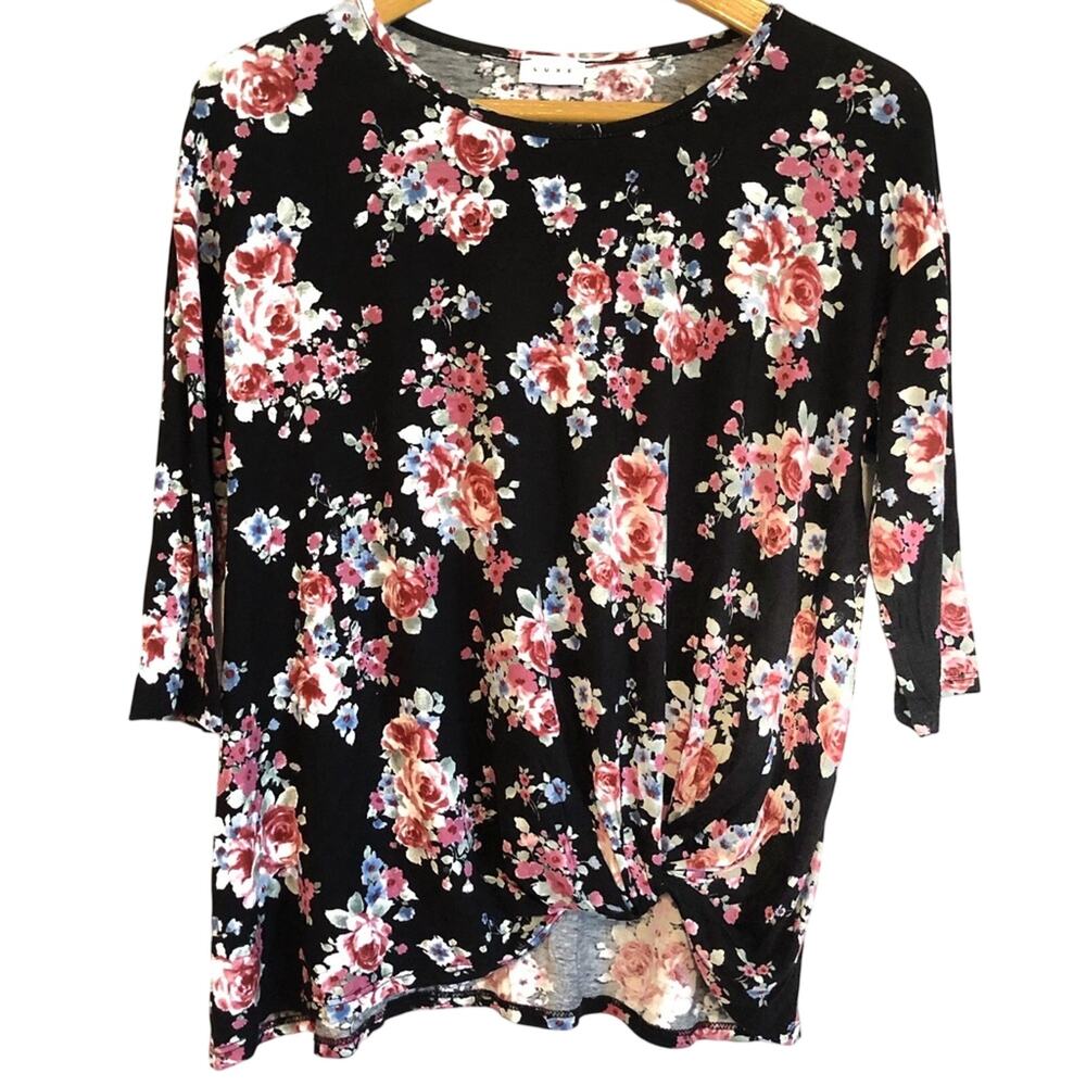 Luxe Black 1/2 Sleeve Tee Floral Top Front Twist Casual Small Dark Coquette